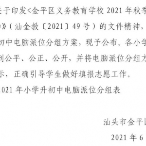 关于2021年小学升初中电脑派位分组方案的决定