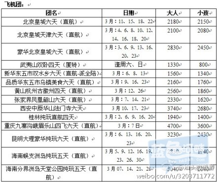 3月份飞机团价格