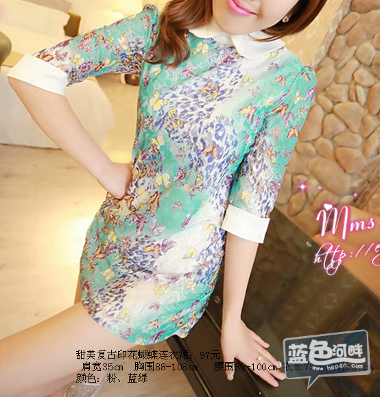 甜美复古印花蝴蝶连衣裙：97元..png